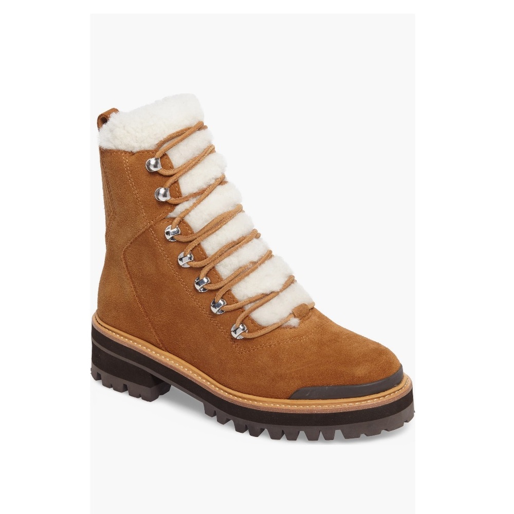 Marc Fisher LTD Izzie Genuine Shearling Lug Sole Boot Brown Suede Women’s 6